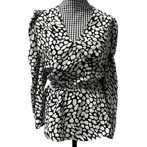 Who What Wear Black White Leopard Peplum Ruched Puffed Sleeve Blouse Medium